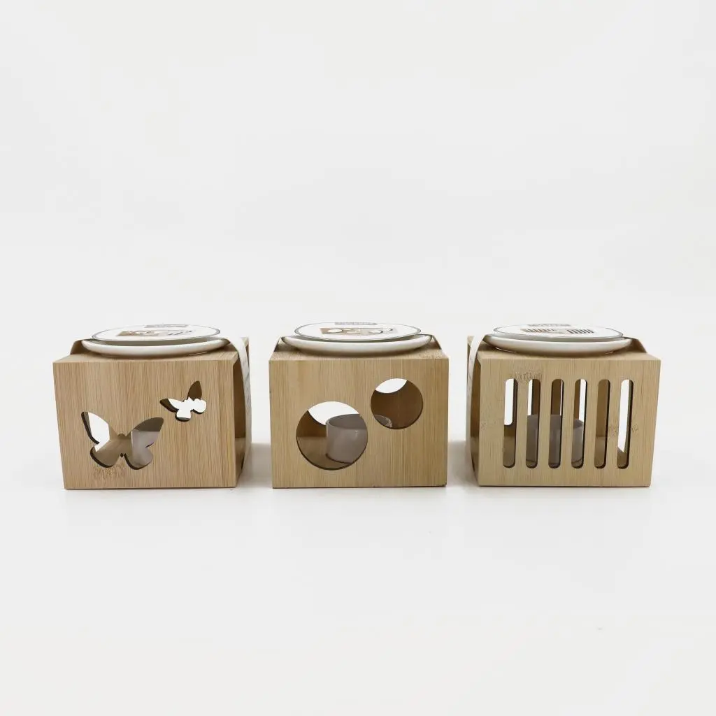 12X12X9CM BAMBOO HOLDER W/CERAMIC BURNER OIL SET
