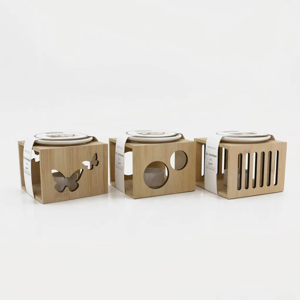 12X12X9CM BAMBOO HOLDER W/CERAMIC BURNER OIL SET