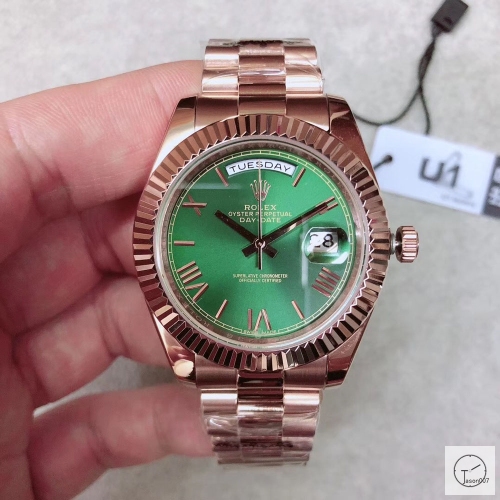 U1 Factory Rolex Day Date Everose Gold Steel 40MM New Green Roman Dial Automatic Movement Stainless Steel Oyster Bracelet Mens Watches AU2244859780