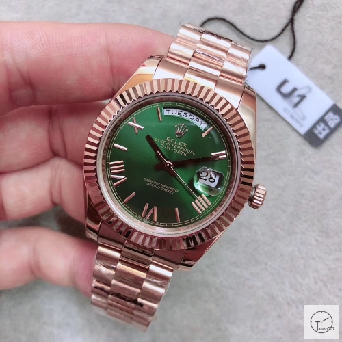 U1 Factory Rolex Day Date Everose Gold Steel 40MM New Green Roman Dial Automatic Movement Stainless Steel Oyster Bracelet Mens Watches AU2244859780