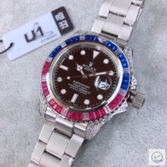 U1 Factory Rolex GMT Master II Blue Red Diamond Rainbow Bezel Black Dial Oyster Bracelet Steel Men's Watch 126710blnr Oyster Strap AU33197856545