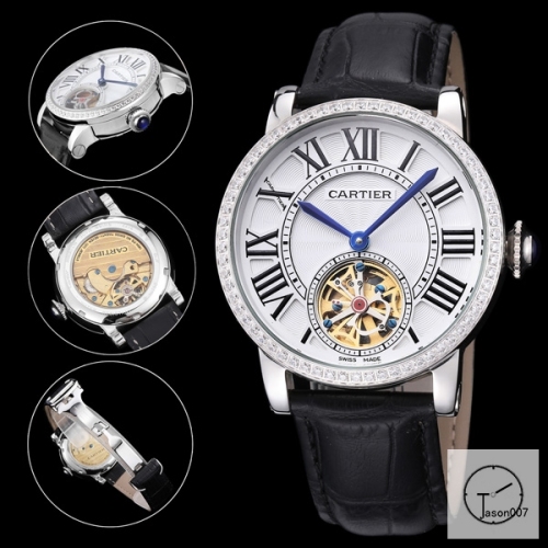 Cartier Moonphase White Dial Automatic Movement Glass Back Black Leather StrapStainless Steel Mens Watch AHGT282025800