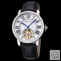 Cartier Moonphase White Dial Automatic Movement Glass Back Black Leather StrapStainless Steel Mens Watch AHGT282025800