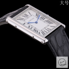 Cartier Tank Solo Silver Dial Big Size Quartz Movement Black Leather Strap Mens Watch Fh0899525890