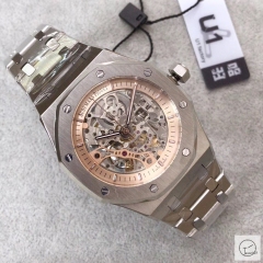 Audemars Piguet Royal Oak Frosted Gold Double Balance Wheel Openworked Skeleton Rose Gold Dial Automatic Movement Stainless Steel Mens Watch AU3587820