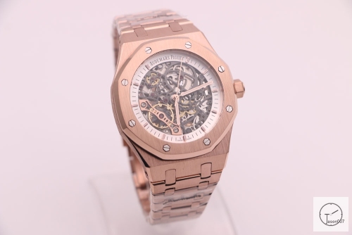 Audemars Piguet Royal Oak 18K Rose Gold Frosted Gold Double Balance Wheel Openworked Skeleton Dial White Automatic Movement Stainless Steel Mens Watch AU36066860