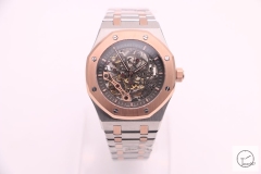 Audemars Piguet Royal Oak Two-Tone Rose Gold Frosted Gold Double Balance Wheel Openworked Skeleton Dial Black Automatic Movement Stainless Steel Mens Watch AU36066760