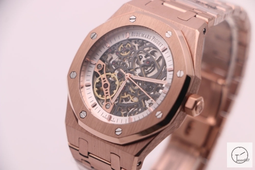 Audemars Piguet Royal Oak 18K Rose Gold Frosted Gold Double Balance Wheel Openworked Skeleton Dial White Automatic Movement Stainless Steel Mens Watch AU36066860