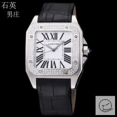 Cartier Santos 100 XL Stainless Case Silver Dial Diamond Bezel Quartz Movement Black Leather Strap Mens Watch Fh29869525850