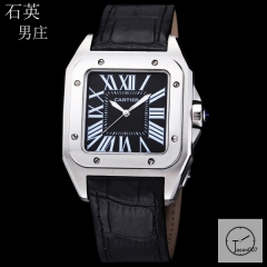 Cartier Santos 100 XL Stainless Case Black Dial Quartz Movement Black Leather Strap Mens Watch Fh19867525850