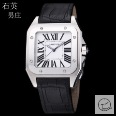 Cartier Santos 100 XL Stainless Case White Dial Quartz Movement Black Leather Strap Mens Watch Fh19866525850