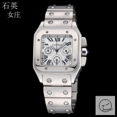 Cartier Santos 100 XL Ladys Silver Stainless Case White Dial Full Everose Gold Case Quartz Movement Silver Strap Womens Watch Fh291456128760