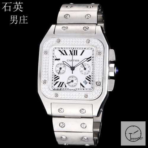 Cartier Santos 100 XL Gents Silver Stainless Case White Dial Full Everose Gold Case Diamond Bezel Quartz Movement Silver Strap mens Watch Fh33105492420