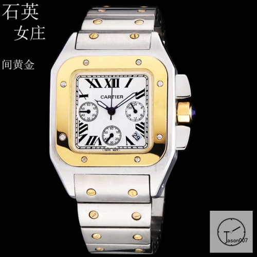 Cartier Santos 100 XL Ladys Twotone gold Stainless Case White Dial Gold Case Quartz Movement Twotone Strap Womens Watch Fh21032187670