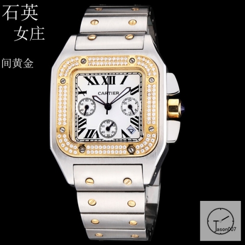 Cartier Santos 100 XL Ladys TwoTone Gold Stainless Case White Dial Gold Case Diamond Bezel Quartz Movement Twotone Strap Womens Watch Fh3984125440