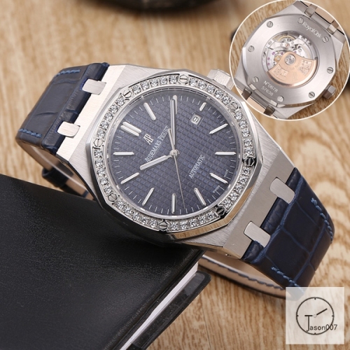 Audemars Piguet Royal Oak Leather 18k Silver Diamond ETA Swiss Automatic Movement Back Glass Blue Dial 42mm Men's Watch AU55892850