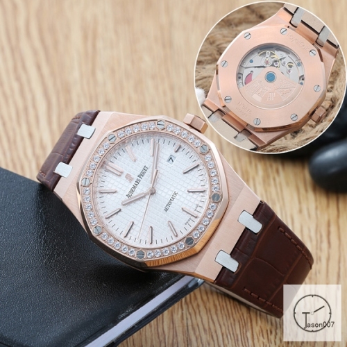 Audemars Piguet Royal Oak Brown Leather Diamond Rose Gold Case 42mm Cal.2813 Automatic Movement Back Glass White Dial 42mm Men's Watch AU45891140