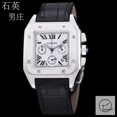 Cartier Santos 100 XL Gents Silver Stainless Case White Dial Full Silver Case Diamond Bezel Quartz Movement Leather Strap mens Watch Fh273549580