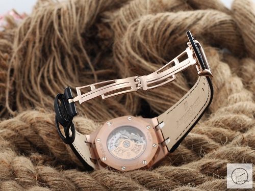 Audemars Piguet Royal Oak Leather Rose Gold Diamond ETA Swiss Automatic Movement Back White Dial 42mm Men's Watch AU55893490