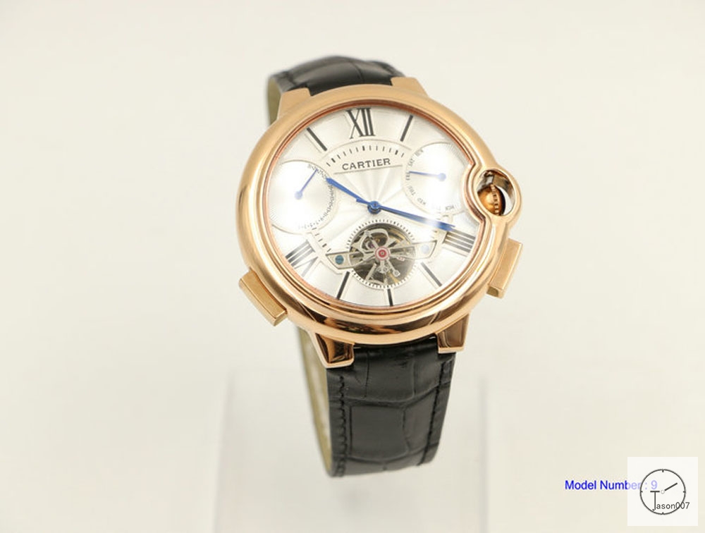 Cartier blue balloon 18K Silver Black Leather 46mm Rose Glod Sapphire Glass Men's Cal.2813 Tourbillon All Work Automatic Movement High Quality Watch CAR3100340