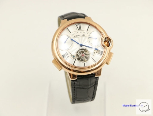 Cartier blue balloon 18K Silver Black Leather 46mm Rose Glod Sapphire Glass Men's Cal.2813 Tourbillon All Work Automatic Movement High Quality Watch CAR3100340