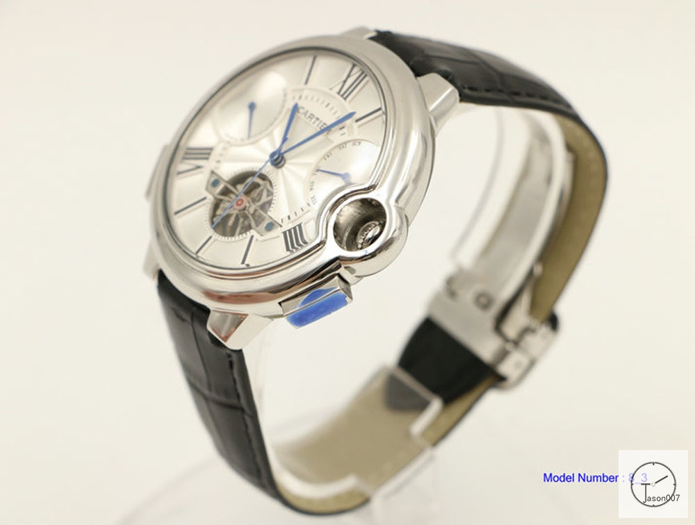 Cartier blue balloon 18K Silver Leather 46mm Sapphire Glass Men's Cal.2813 Tourbillon All Work Automatic Movement High Quality Watch CAR3100140