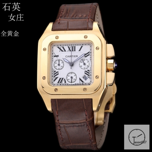 Cartier Santos 100 XL Ladys Golden Stainless Case White Dial Full Gold Case glod Bezel Quartz Movement Leather Strap Womens Watch Fh2910683140