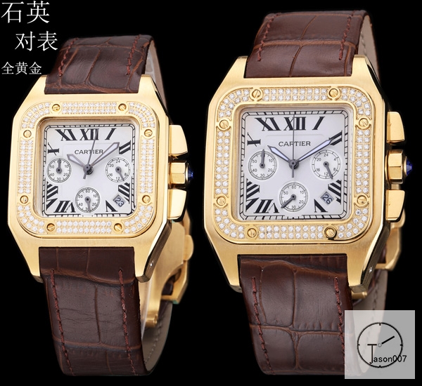 Cartier Santos 100 XL Gents Golden Stainless Case White Dial Full Gold Case Diamond Bezel Quartz Movement Leather Strap mens Watch Fh394510320