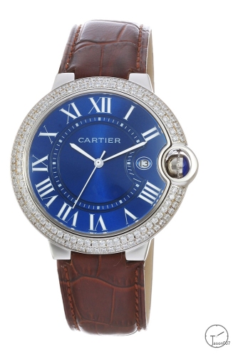 Cartier blue balloon 40mm Brown Leather Diamond Silver bezel Blue Dial Men's Quartz Movement Date AAA Quality Men Watch CAR2102080