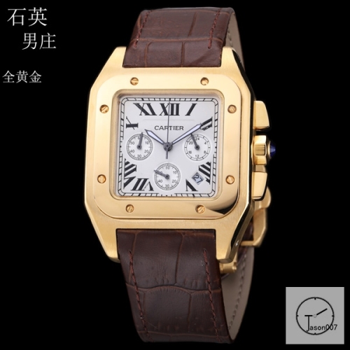 Cartier Santos 100 XL Gents Golden Stainless Case White Dial Full Gold Case glod Bezel Quartz Movement Leather Strap mens Watch Fh2945103640
