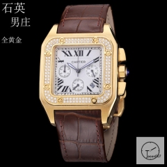 Cartier Santos 100 XL Gents Golden Stainless Case White Dial Full Gold Case Diamond Bezel Quartz Movement Leather Strap mens Watch Fh394510320