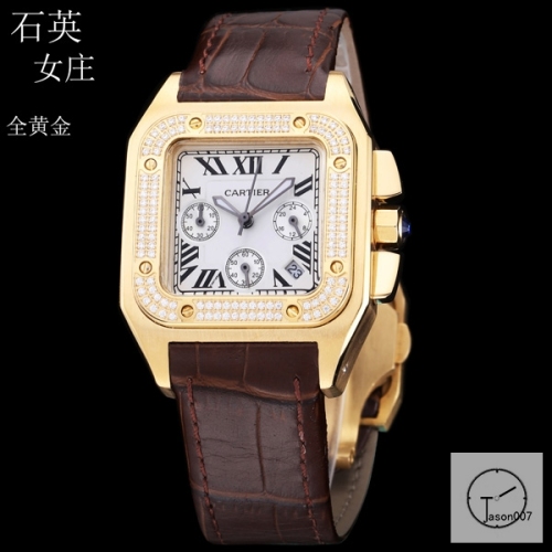 Cartier Santos 100 XL Ladys Golden Stainless Case White Dial Full Gold Case Diamond Bezel Quartz Movement Leather Strap Womens Watch Fh331098020