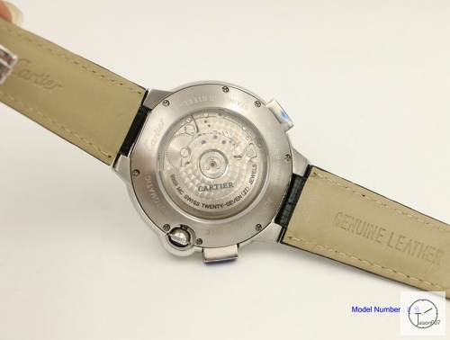 Cartier blue balloon 18K Silver Leather 46mm Sapphire Glass Men's Cal.2813 Tourbillon All Work Automatic Movement High Quality Watch CAR3100140