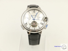 Cartier blue balloon 18K Silver Leather 46mm Sapphire Glass Men's Cal.2813 Tourbillon All Work Automatic Movement High Quality Watch CAR3100140