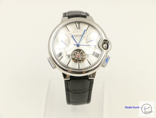 Cartier blue balloon 18K Silver Leather 46mm Sapphire Glass Men's Cal.2813 Tourbillon All Work Automatic Movement High Quality Watch CAR3100140