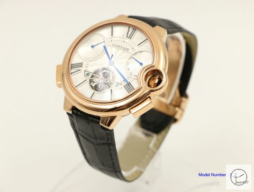 Cartier blue balloon 18K Silver Black Leather 46mm Rose Glod Sapphire Glass Men's Cal.2813 Tourbillon All Work Automatic Movement High Quality Watch CAR3100340