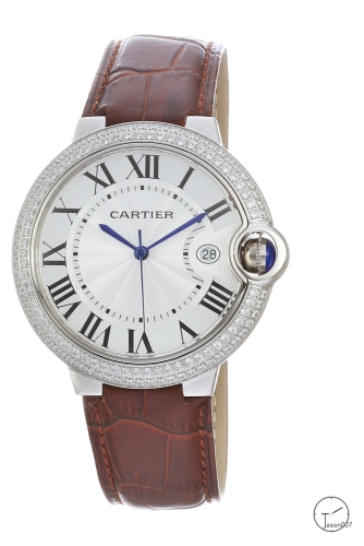 Cartier blue balloon Leather Strap 40mm Diamond Silver bezel White Dial Men's Quartz Movement Date AAA Quality Men Watch CAR2102380