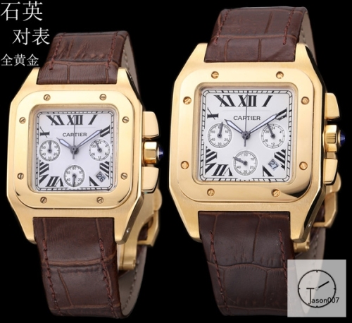 Cartier Santos 100 XL Ladys Golden Stainless Case White Dial Full Gold Case glod Bezel Quartz Movement Leather Strap Womens Watch Fh2910683140