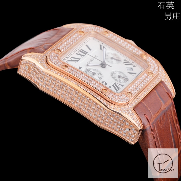 Cartier Santos 100 XL Full Diamond Rose Gold Case Stainless Case White Dial Bezel Quartz Movement Chronograph Function Leather Strap Womens Watch Fh5153036570
