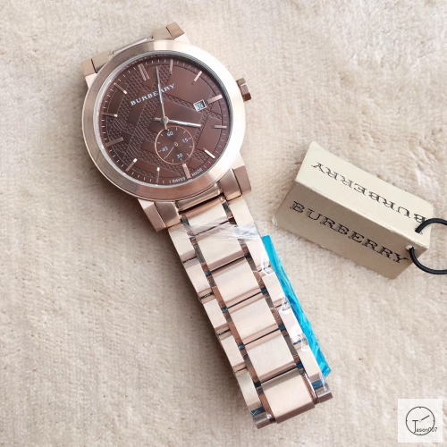 Burberry Brown Dial 42MM Everose Gold Quartz Chronograph Stainless Steel Bracelet Watch Leather Strap BU9038 Mens Wristwatches BU254468350