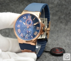 ULYSSE NARDIN Marine Everose Lelocle Suisse 1846 Chronometer Quartz Movement 43MM Blue Roman Dial Rubber Strap Mens Wristwatches UFO252934760