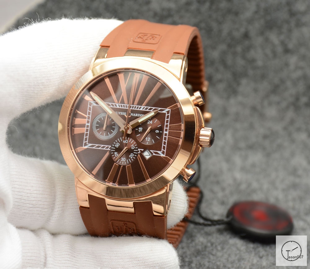 ULYSSE NARDIN Executive Dual Time Cermic Bezel Everose Number Lelocle Suisse 1846 Chronometer Quartz Movement 43MM Brown Dial Rubber Strap Mens Wristwatches UFO353934760