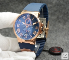 ULYSSE NARDIN Marine Everose Lelocle Suisse 1846 Chronometer Quartz Movement 43MM Blue Roman Dial Rubber Strap Mens Wristwatches UFO253034760