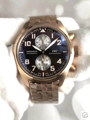 IWC Pilots Watch Black Dial Everose Gold Chronograph Antoine De Saint Exupery Leather Strap Mens Wristwatches MOB23060560