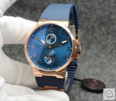 ULYSSE NARDIN Marine Everose Lelocle Suisse 1846 Chronometer Quartz Movement 43MM Blue Roman Dial Rubber Strap Mens Wristwatches UFO253034760