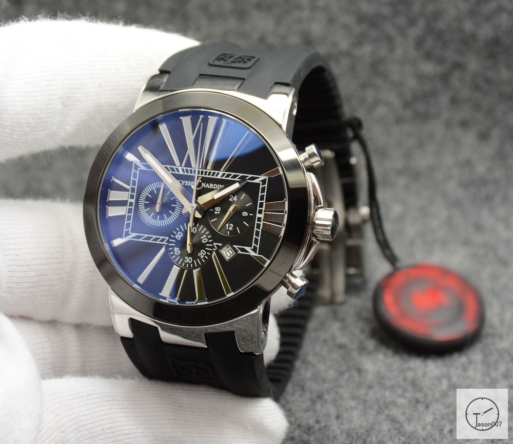 ULYSSE NARDIN Executive Dual Time Cermic Bezel Everose Number Lelocle Suisse 1846 Chronometer Quartz Movement 43MM Sliver Dial Rubber Strap Mens Wristwatches UFO354034760