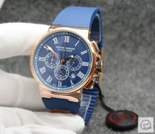 ULYSSE NARDIN Marine Everose Number Lelocle Suisse 1846 Chronometer Quartz Movement 43MM Blue Roman Dial Rubber Strap Mens Wristwatches UFO253134760