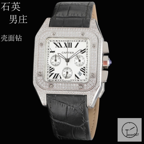 Cartier Santos 100 XL Diamond Case Everose Gold Stainless Case White Dial Bezel Quartz Movement Chronograph Function Leather Strap Mens Watch Fh3160036530