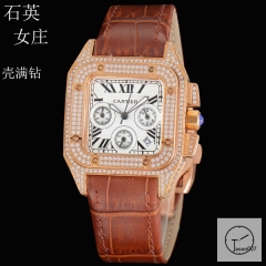 Cartier Santos 100 XL Full Diamond Rose Gold Case Stainless Case White Dial Bezel Quartz Movement Chronograph Function Leather Strap Womens Watch Fh5153036570