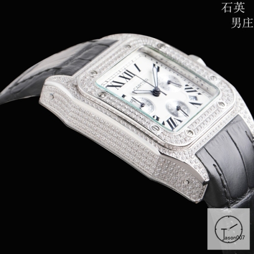 Cartier Santos 100 XL Full Diamond Stainless Case White Dial Bezel Quartz Movement Chronograph Function Leather Strap mens Watch Fh5151036550